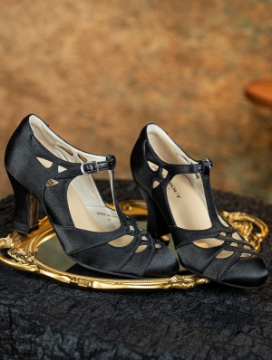 Black Gothic T-Strap Cutout Victorian Satin Shoes