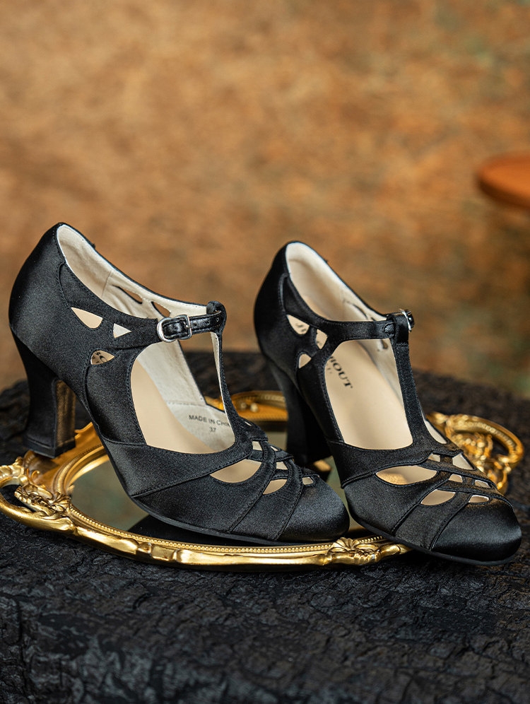 Black Gothic T-Strap Cutout Victorian Satin Shoes
