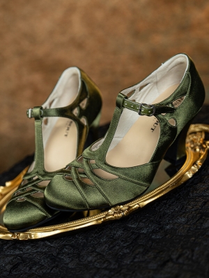 Green Gothic T-Strap Cutout Victorian Satin Shoes