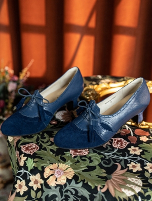 Dark Blue Tasseled Vintage Patchwork Victorian Leather Shoes