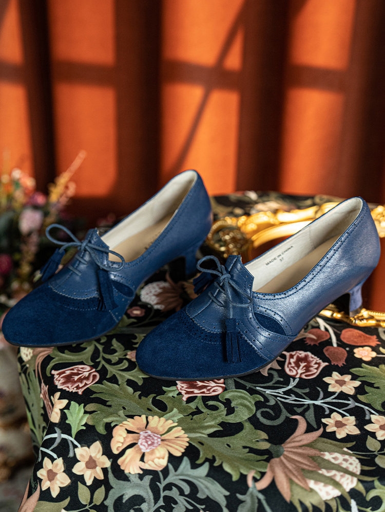 Dark Blue Tasseled Vintage Patchwork Victorian Leather Shoes