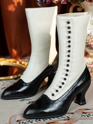 White and Black Retro Victorian Buttoned Heeled Leather Boots