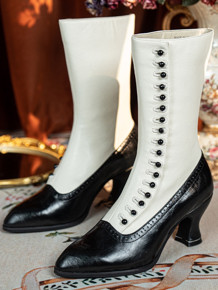 White and Black Retro Victorian Buttoned Heeled Leather Boots
