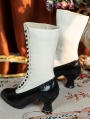 White and Black Retro Victorian Buttoned Heeled Leather Boots