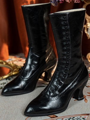 Black Retro Victorian Buttoned Heeled Leather Boots