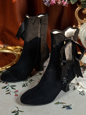 Black Victorian Velvet Boots with Side Ribbon Tie