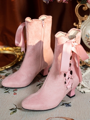 Pink Victorian Velvet Boots with Side Ribbon Tie