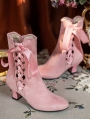 Pink Victorian Velvet Boots with Side Ribbon Tie