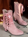 Pink Victorian Velvet Boots with Side Ribbon Tie