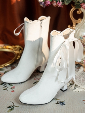 White Victorian Velvet Boots with Side Ribbon Tie