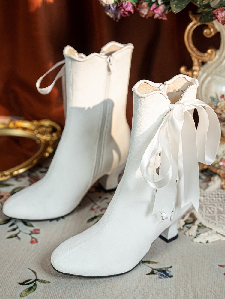 White Victorian Velvet Boots with Side Ribbon Tie