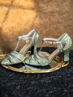 Green Satin Patterned Vintage T-Strap High Heel Leather Shoes