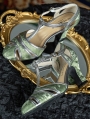 Green Satin Patterned Vintage T-Strap High Heel Leather Shoes