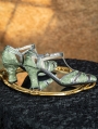 Green Satin Patterned Vintage T-Strap High Heel Leather Shoes