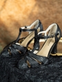 Black Satin Patterned Vintage T-Strap High Heel Leather Shoes