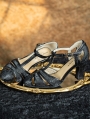 Black Satin Patterned Vintage T-Strap High Heel Leather Shoes