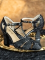 Black Satin Patterned Vintage T-Strap High Heel Leather Shoes