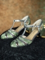 Green Satin Patterned Vintage T-Strap Low Heel Leather Shoes