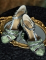 Green Satin Patterned Vintage T-Strap Low Heel Leather Shoes