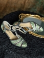 Green Satin Patterned Vintage T-Strap Low Heel Leather Shoes