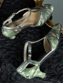 Green Satin Patterned Vintage T-Strap Low Heel Leather Shoes