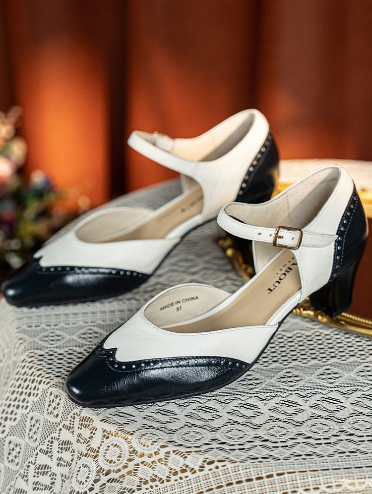Black and White Gothic Hollow Mary Jane Heeled Leather Shoes