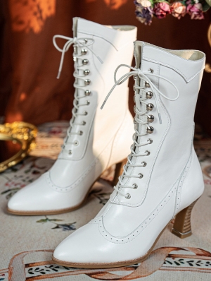 White Gothic Victorian Beaded Lace Up Leather Boots