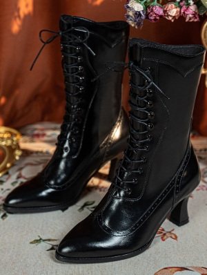 Black Gothic Victorian Beaded Lace Up Leather Boots