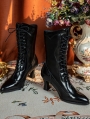 Black Gothic Victorian Beaded Lace Up Leather Boots