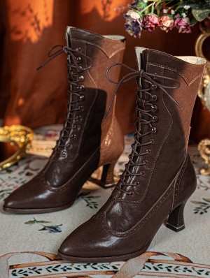 Brown Gothic Victorian Beaded Lace Up Leather Boots