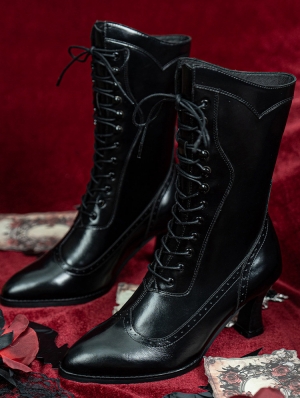 Black Victorian Gothic Beaded Lace Up Heeled Leather Boots