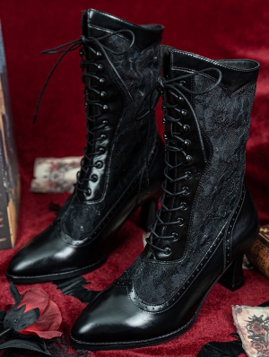 Black Victorian Gothic Beaded Lace Heeled Leather Boots
