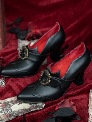 Black Matte Leather Gothic Victorian Buckled High Heel Shoes