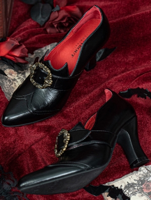 Black Shiny Leather Gothic Victorian Buckled High Heel Shoes