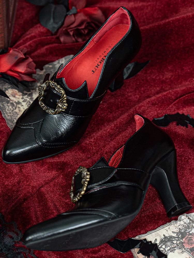 Black Shiny Leather Gothic Victorian Buckled High Heel Shoes