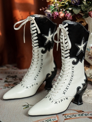 White and Black Gothic Pentagram Stitched Victorian Lace Up Boots