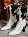 White and Black Gothic Pentagram Stitched Victorian Lace Up Boots
