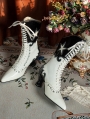 White and Black Gothic Pentagram Stitched Victorian Lace Up Boots