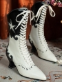 White and Black Gothic Pentagram Stitched Victorian Lace Up Boots