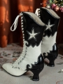 White and Black Gothic Pentagram Stitched Victorian Lace Up Boots