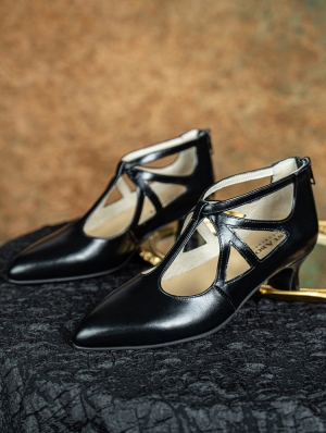 Black Gothic Leather T-Strap Hollow Out Victorian Shoes