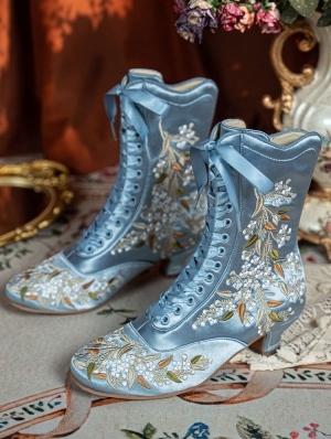 Blue Embroidered Victorian Satin Lace-Up Boots