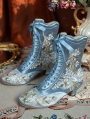 Blue Embroidered Victorian Satin Lace-Up Boots