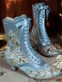 Blue Embroidered Victorian Satin Lace-Up Boots