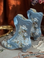Blue Embroidered Victorian Satin Lace-Up Boots