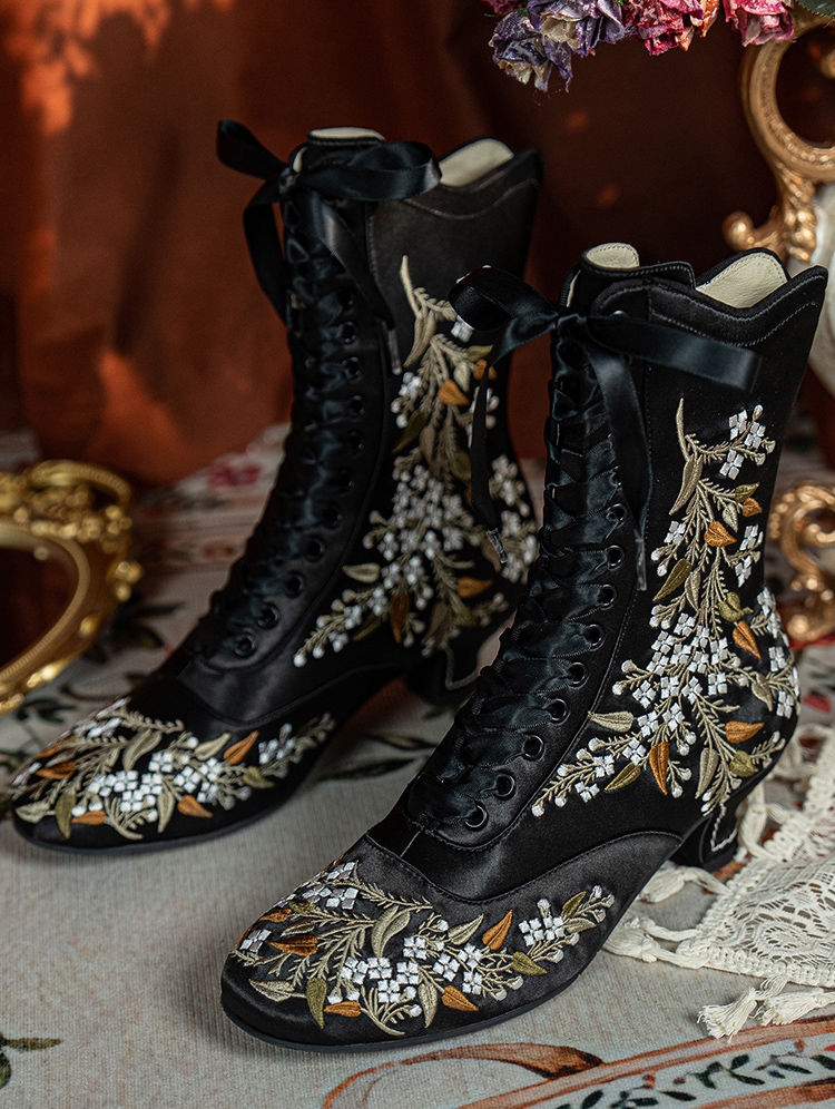 Black Embroidered Victorian Satin Lace-Up Boots