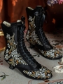 Black Embroidered Victorian Satin Lace-Up Boots