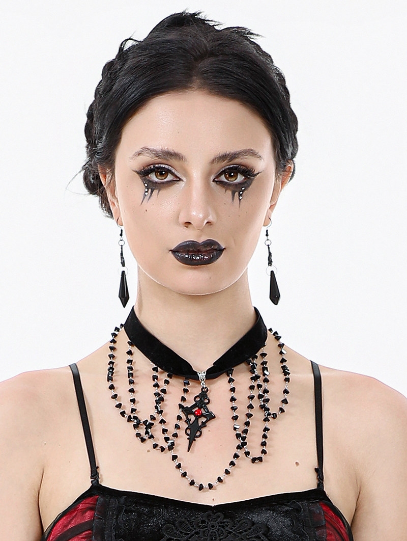 Black Gothic Retro Cross Pendant Beaded Chain Choker