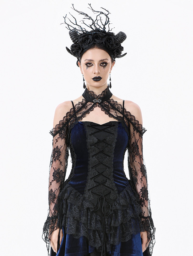 Black Gothic Off-the-Shoulder Floral Lace Bolero Shrug for Women