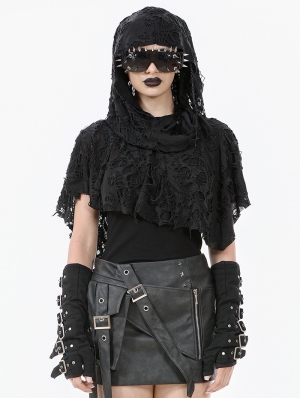 Black Gothic Punk Distressed Draped Hooded Capelet for Women